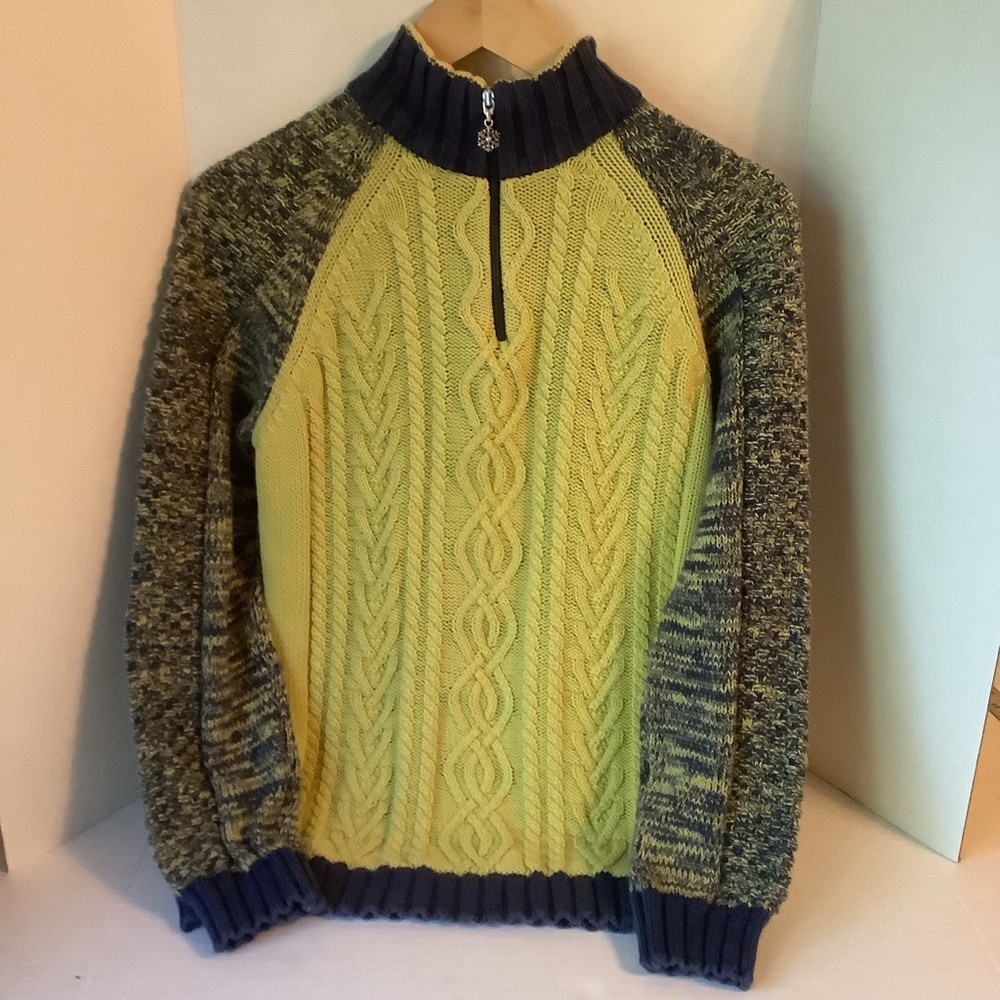 Cotton Country Sweater Lime Green/Blue Size Medium